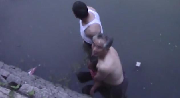 2 strangers save woman who fell into river