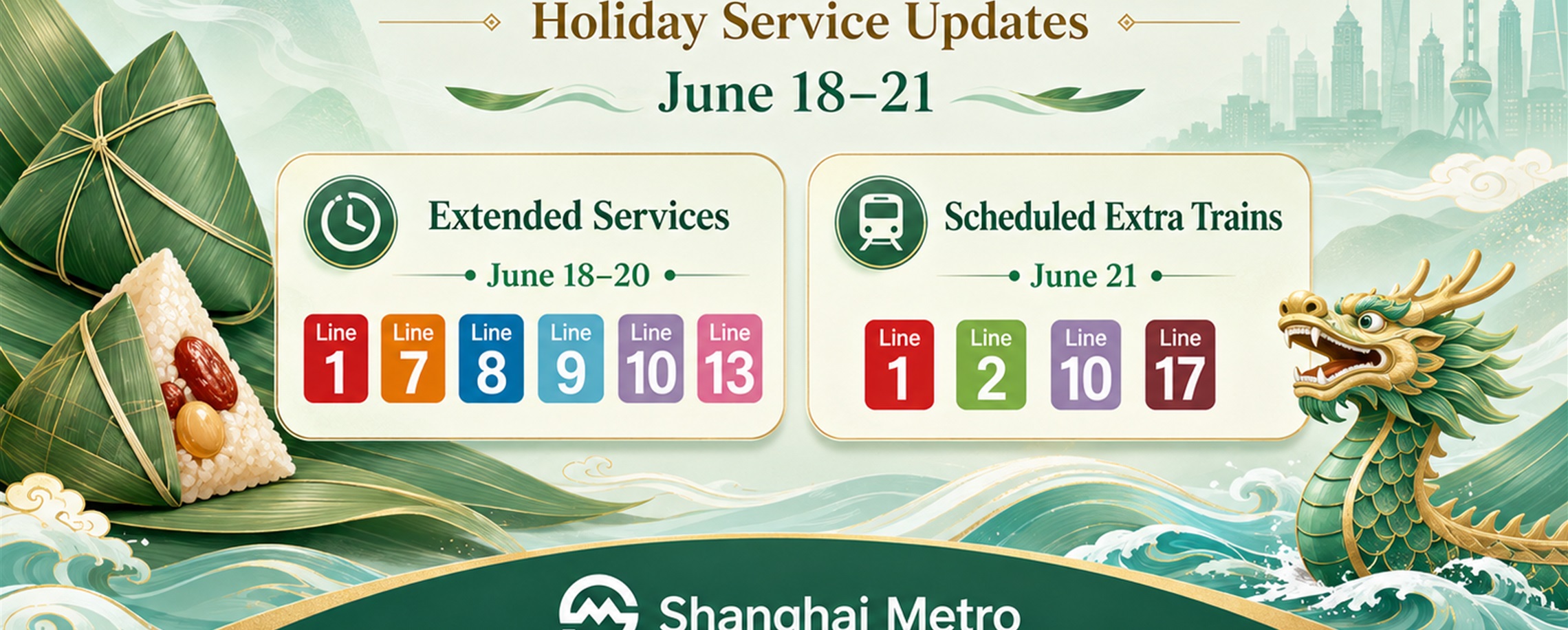 Extended Hours on Six Shanghai Metro Lines for Dragon Boat Festival Travel Rush
